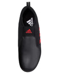 Black shoe with red stripes, adidas taekwondo model.