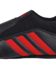 Black and red adidas laceless taekwondo shoe.