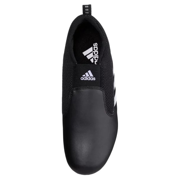 Black shoe with white stripes, suitable for Taekwondo.