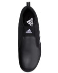 Black shoe with white stripes, suitable for Taekwondo.