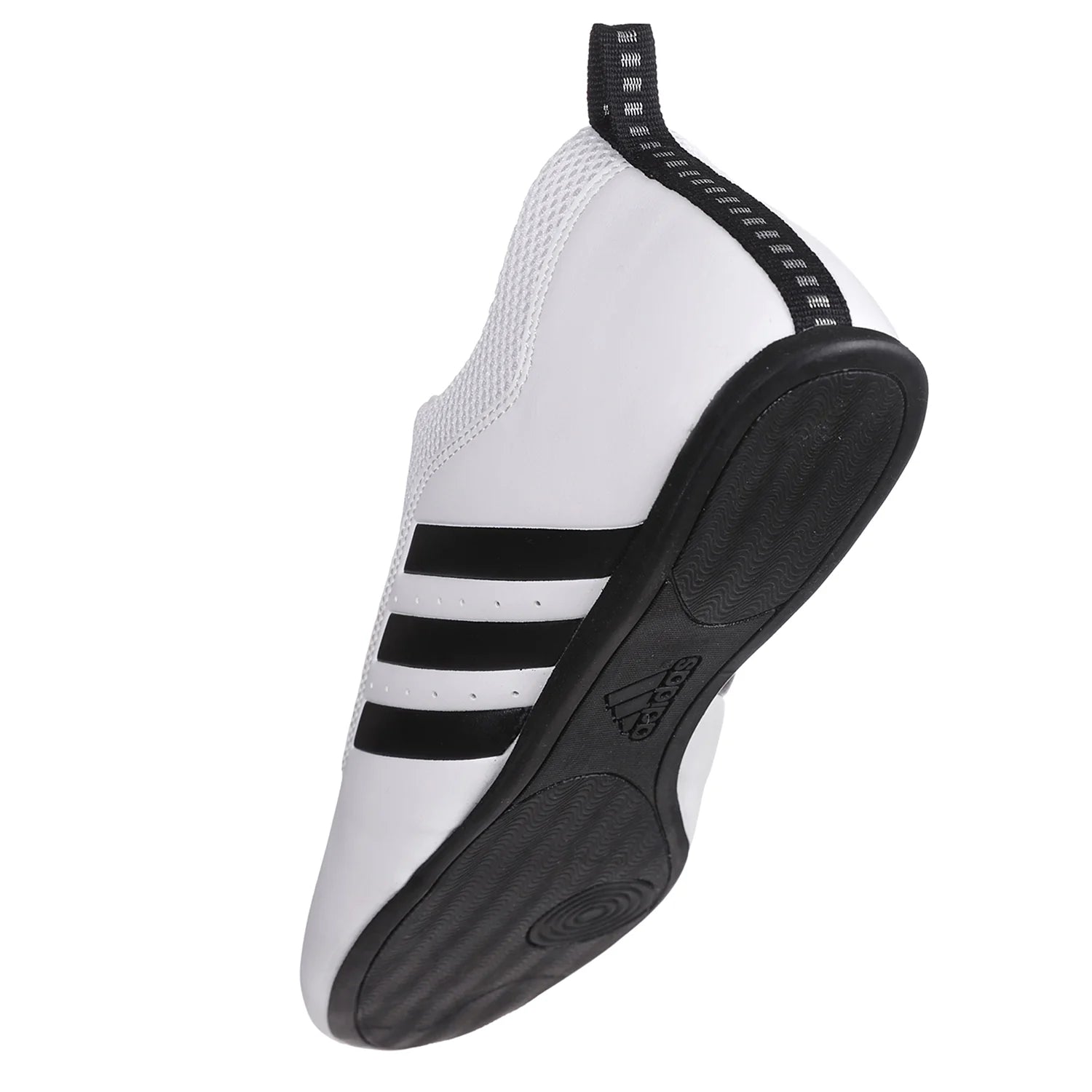 Close-up of adidas white Taekwondo shoe with black stripes, size 4.