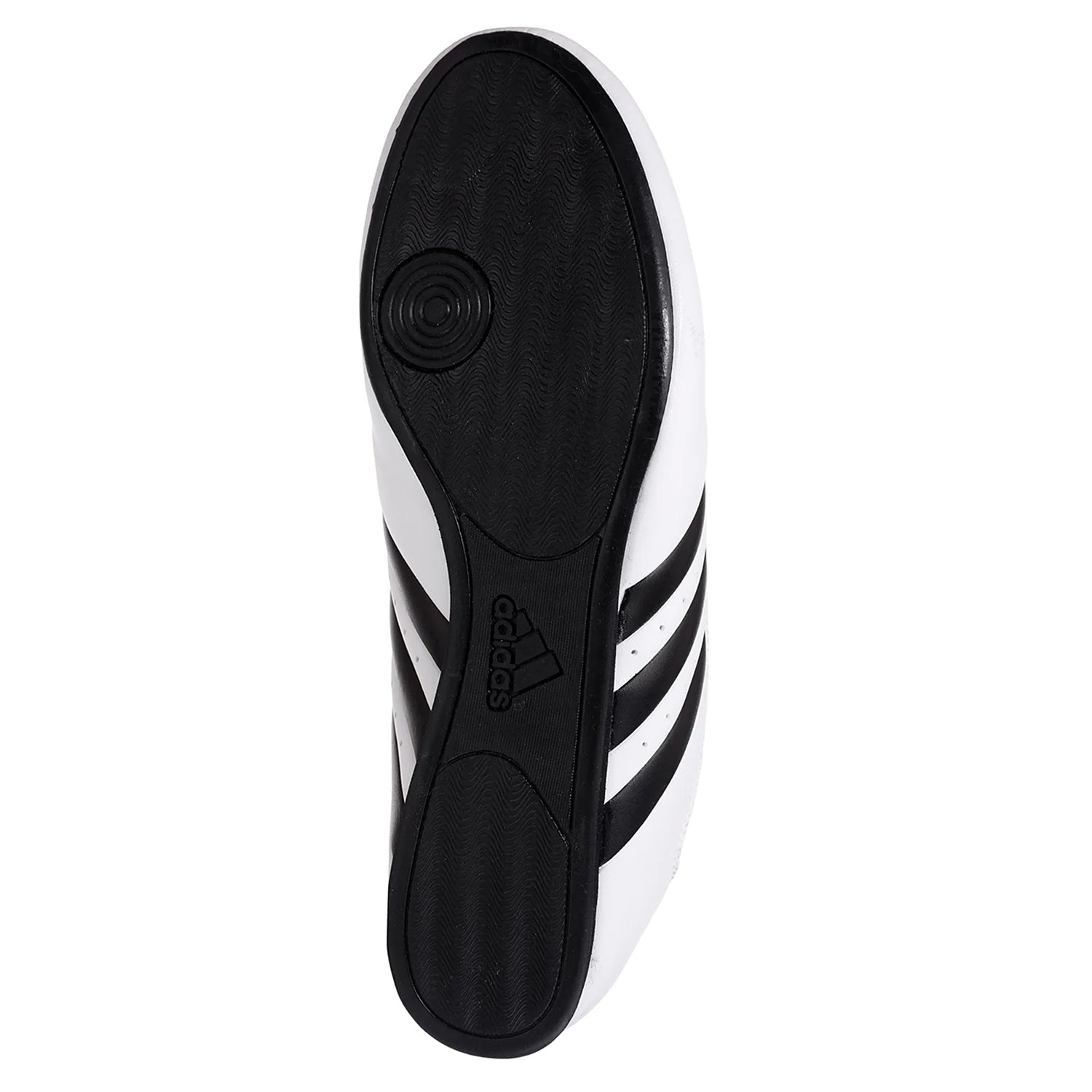 Close-up of adidas white Taekwondo shoe with black details, size 5.