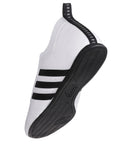 Close-up of adidas white Taekwondo shoe with black stripes, size 4.