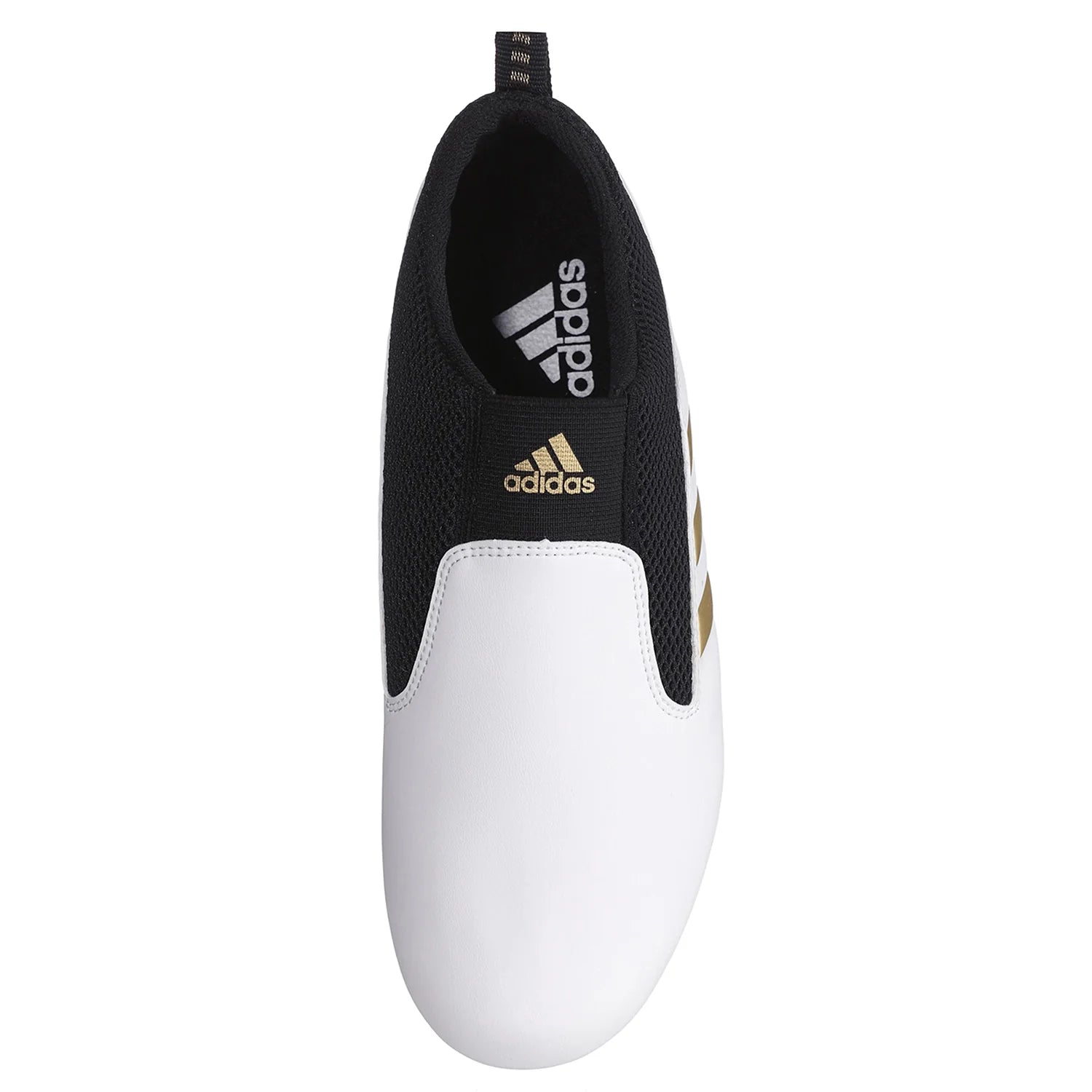 Black and white adidas contestant-pro taekwondo laceless shoe.