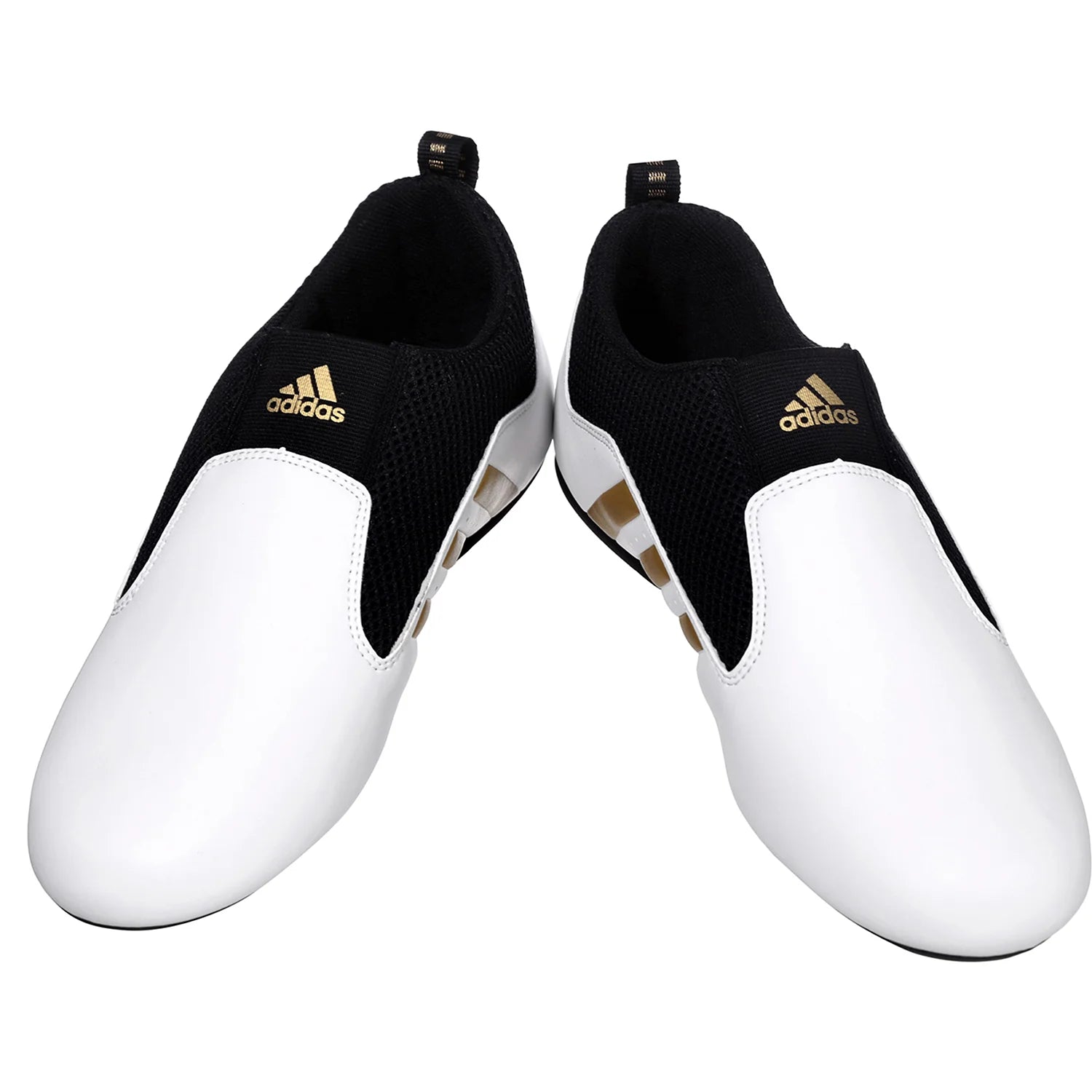 Pair of black and white adidas contestant-pro taekwondo laceless shoes.