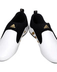 Pair of black and white adidas contestant-pro taekwondo laceless shoes.