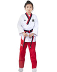 Girl in a white and red Adidas Poomsae karate uniform.