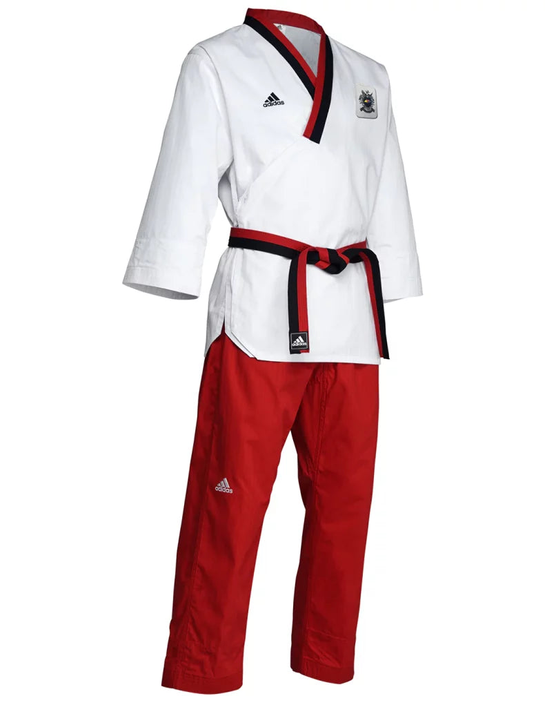 White and red Adidas Poomsae karate uniform.