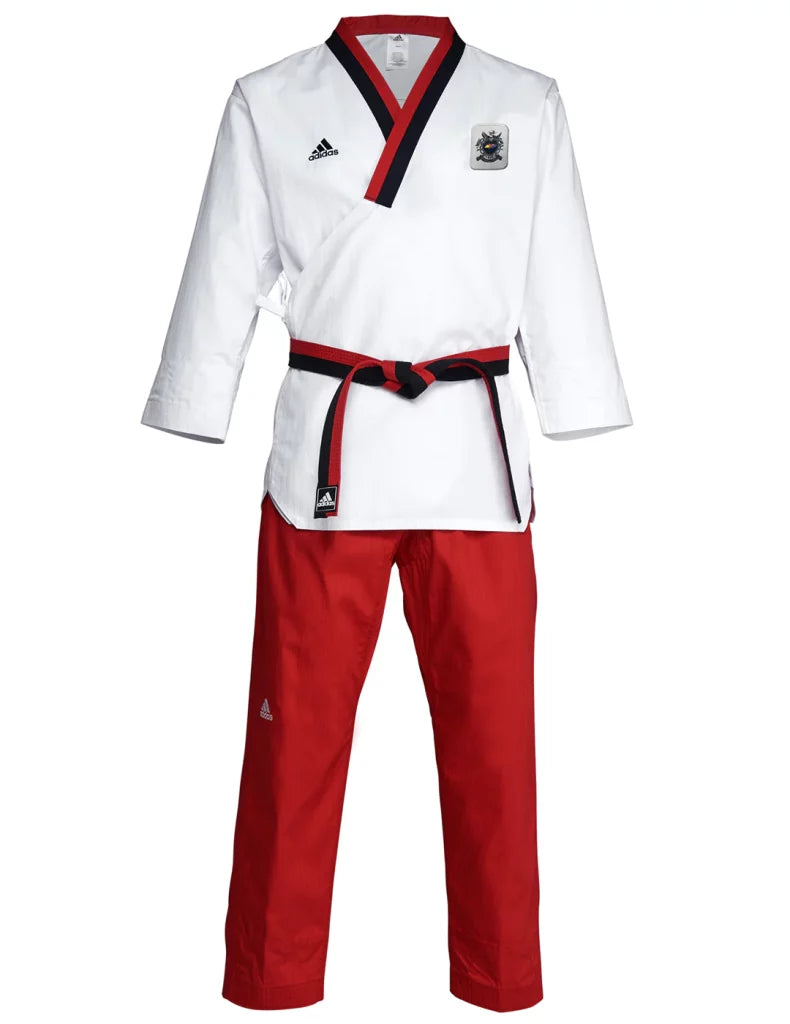 White and red Adidas Poomsae karate uniform.