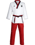 White and red Adidas Poomsae karate uniform.