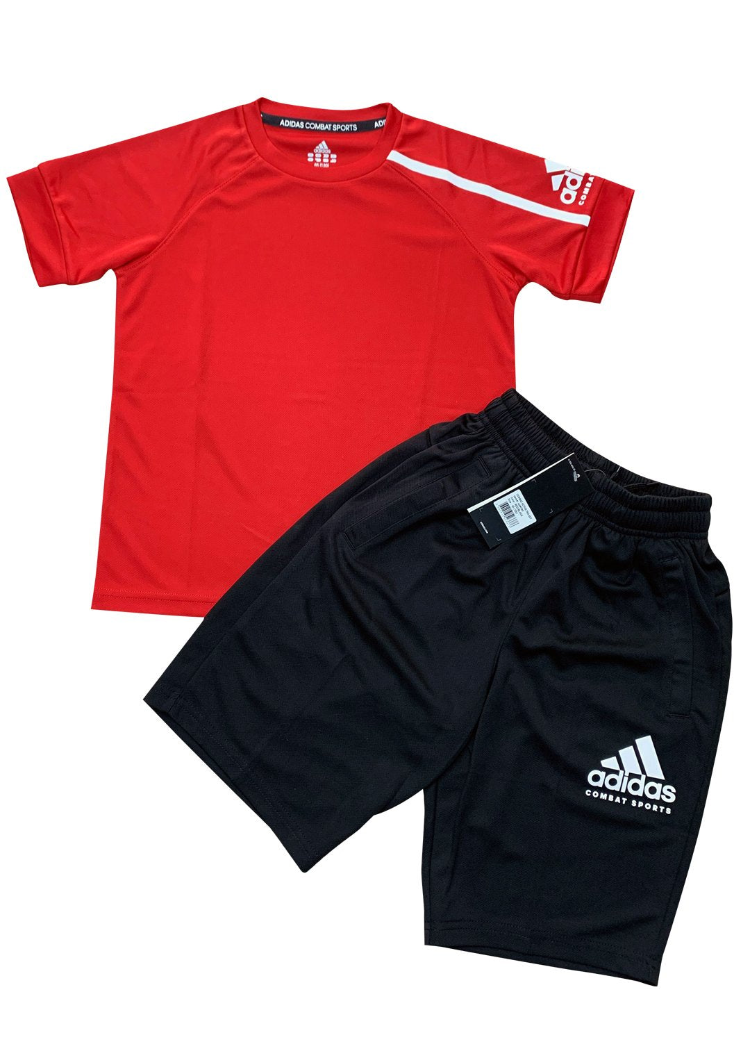 Red shirt and black Adidas shorts.