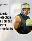 Man wearing boxing gloves and helmet, featuring Adidas x Anderson Silva head guard.