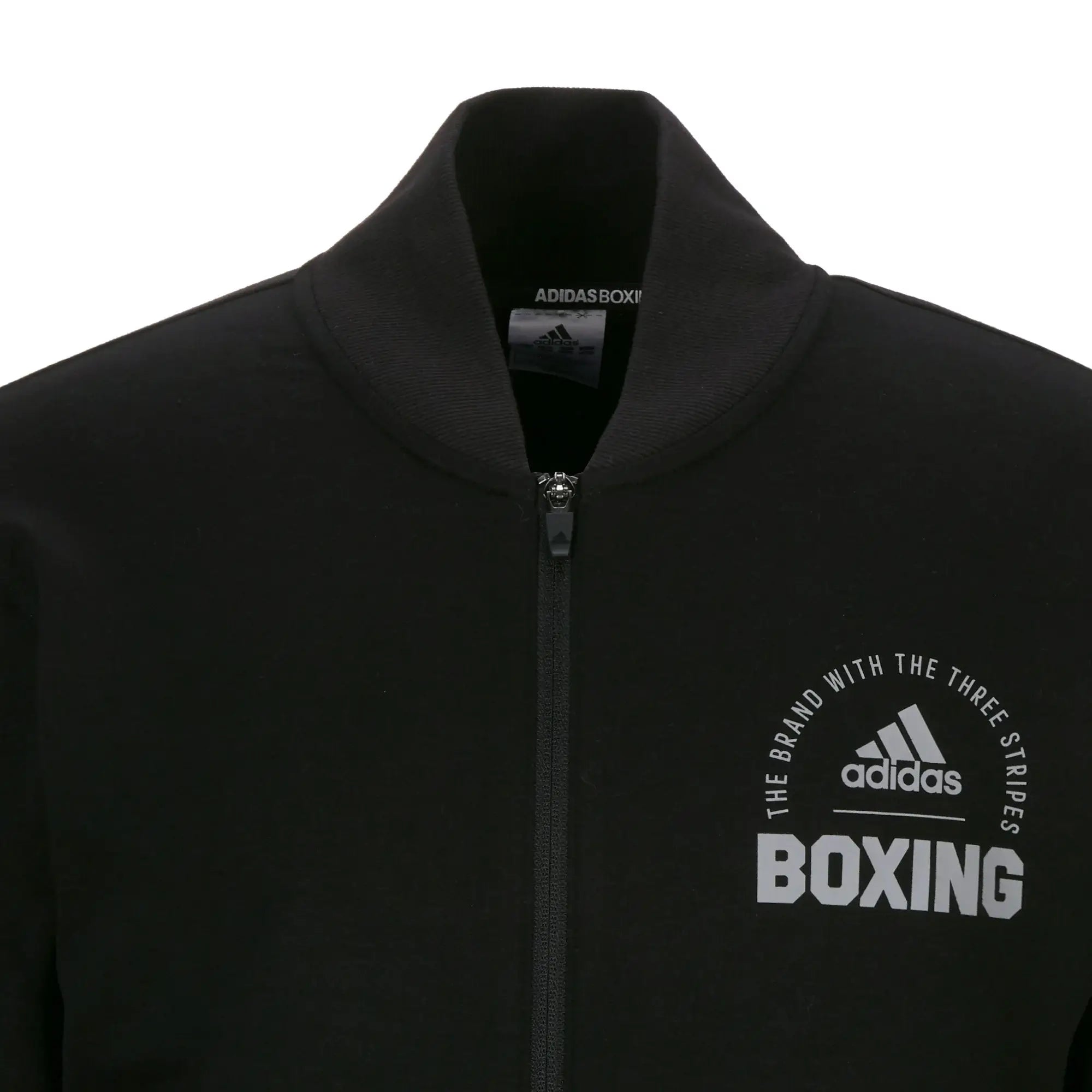 Black jacket with white text from Adidas Boxwear bomber style collection.