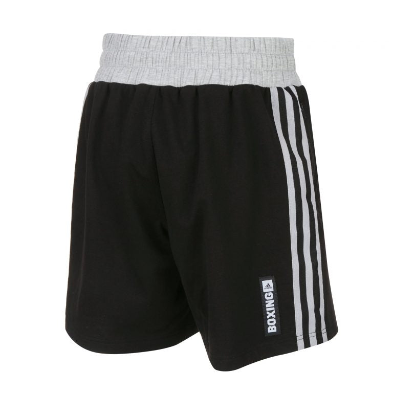 Black and white adidas boxing shorts with white stripes, size XL.