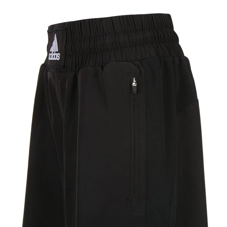 Black shorts featuring a white logo.