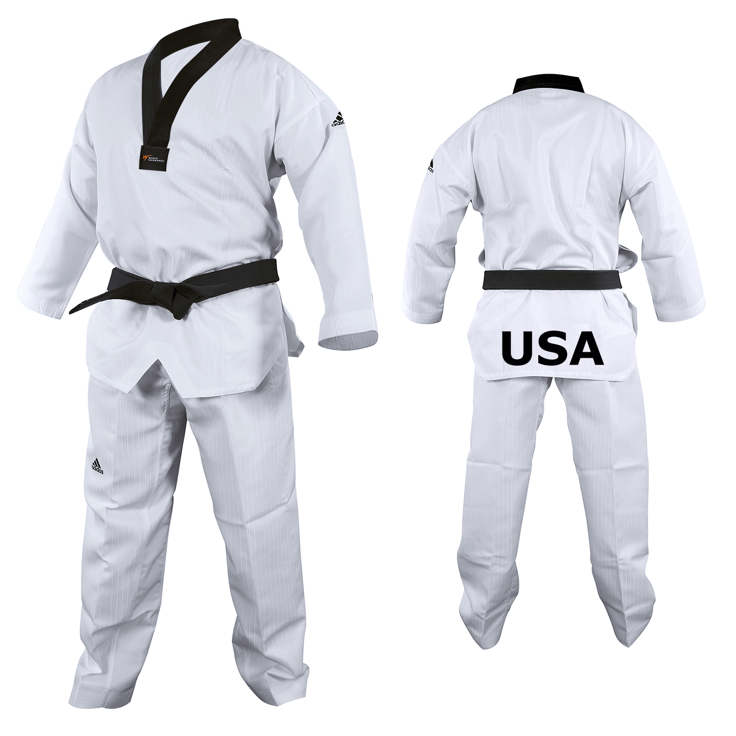 White karate uniform with black belt and black V-neck.