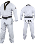 White uniform with black belt and USA flag patch.