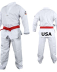 White uniform with red belt and USA flag patch.