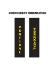 Two black straps with yellow text indicating vertical and horizontal embroidery orientation on a white background.