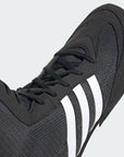 Close up of adidas BOX HOG II black and white boxing shoe.