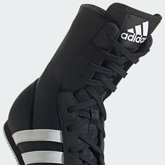 Close up of adidas BOX HOG II black and white boxing shoe.