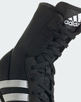 Close up of adidas BOX HOG II black and white boxing shoe.