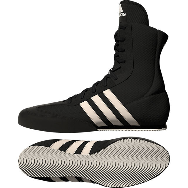 adidas BOX HOG II black and white boxing shoes front view.