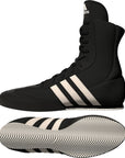 adidas BOX HOG II black and white boxing shoes front view.