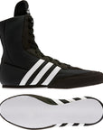 adidas BOX HOG II black and white boxing shoes side view.