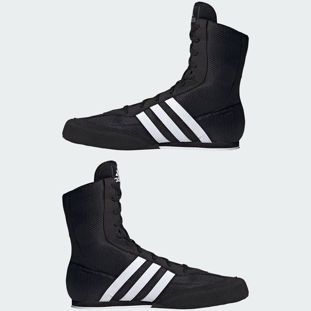 adidas BOX HOG II black and white boxing shoes angled view.