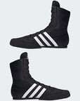 adidas BOX HOG II black and white boxing shoes angled view.