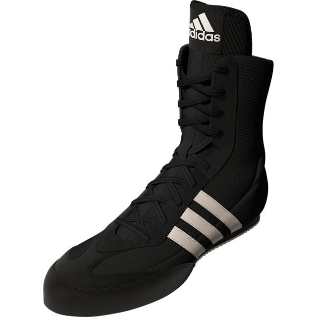 adidas BOX HOG II black boxing shoe with white stripes.