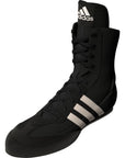 adidas BOX HOG II black boxing shoe with white stripes.