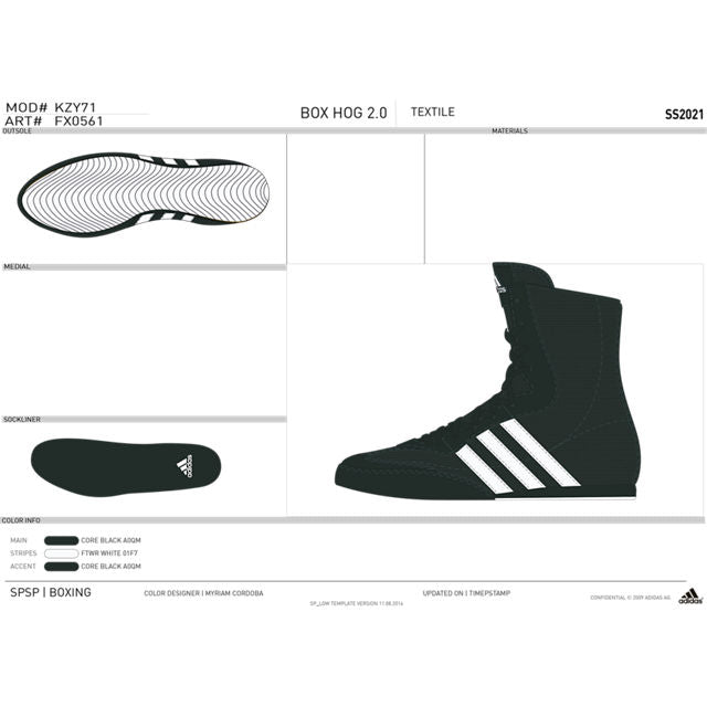 Black and white boxing shoe side view, adidas BOX HOG II, size M11.5/W12.5.