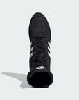 Black boxing shoe with white stripes, adidas BOX HOG II, size M10.5/W11.5.