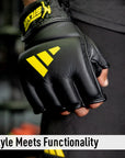 Close-up of fingerless Adidas grappling gloves.