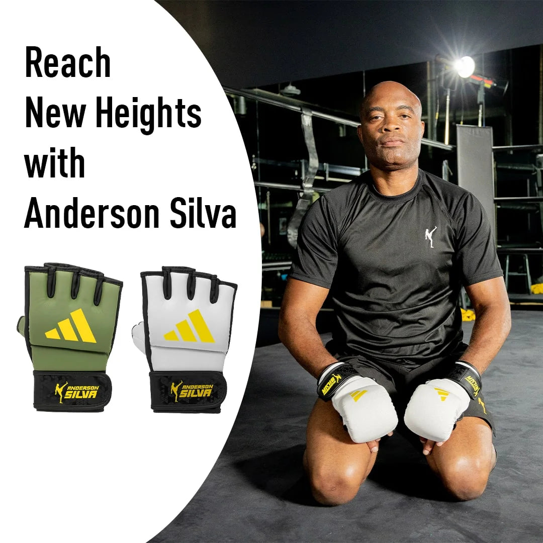 Man wearing Adidas x Anderson Silva fingerless grappling gloves.