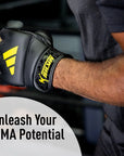 Close-up of a man's hand wearing Adidas boxing gloves.