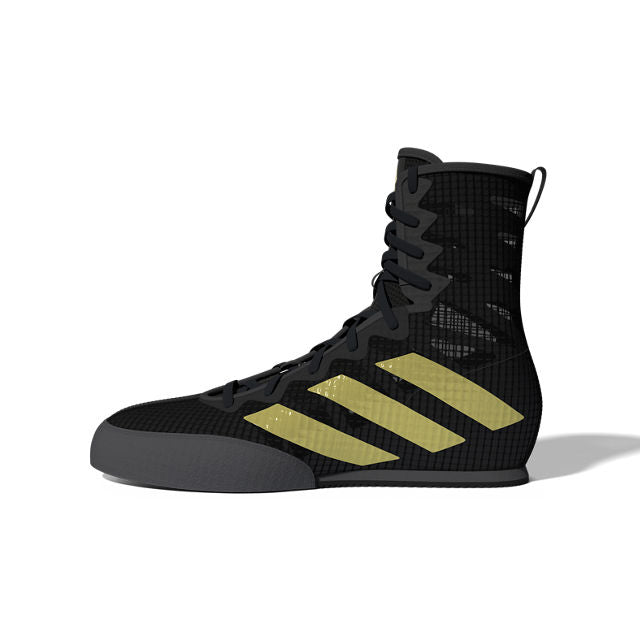 Black boxing shoe with gold stripes on a white background