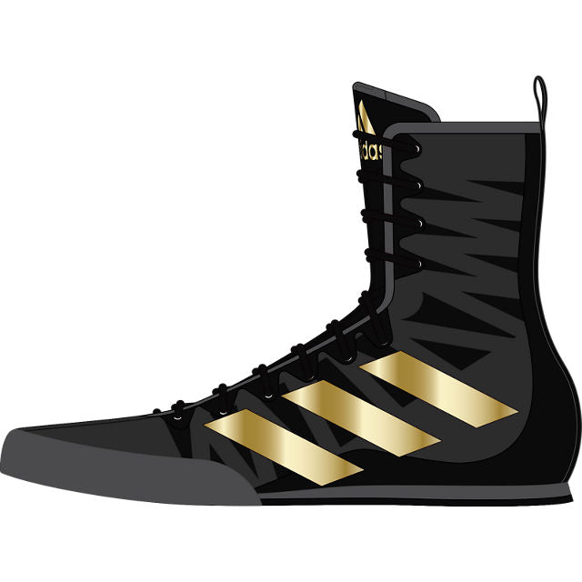 Black and gold boxing shoe lateral view.