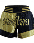 Black Thai boxing shorts with a logo.