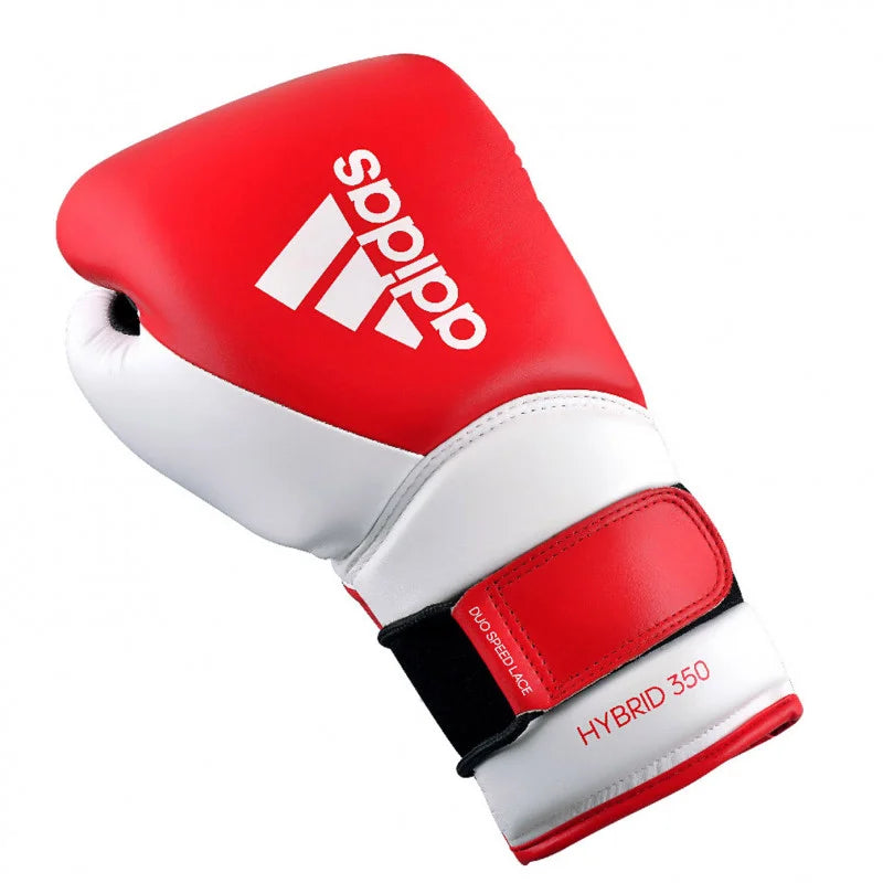 Red and white adidas Hybrid 350 boxing glove.