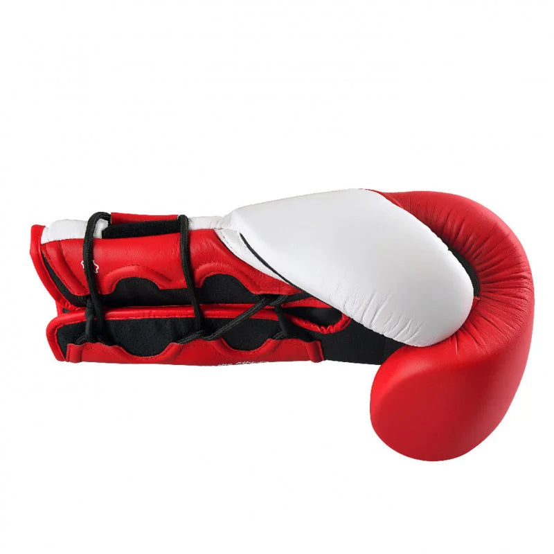 Red and white adidas Hybrid 350 boxing glove.