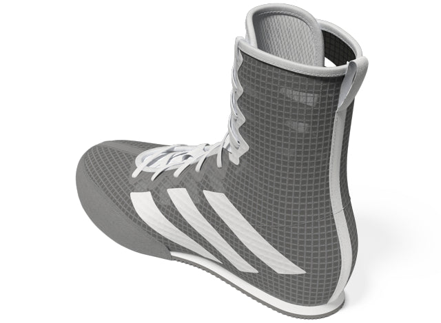 Grey and white high top shoe for boxing.