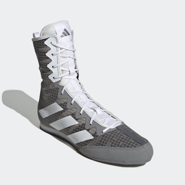 Grey and white sneaker featuring boxing shoe design.