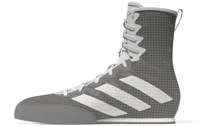 Grey and white high top boxing shoe, side view.