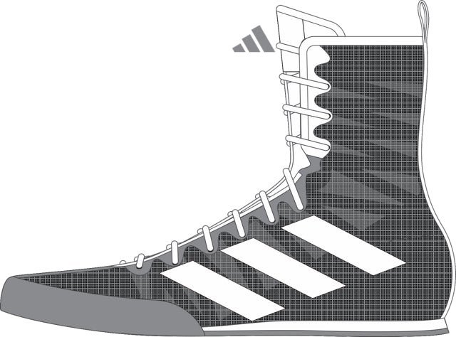 Black and white boxing shoe, lateral left view.