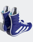 Pair of blue and white high top boxing sneakers in Lucid Blue and Cloud White.