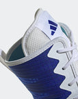 Close-up of blue and white boxing shoe in Lucid Blue and Cloud White.