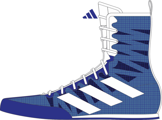 Side lateral view of a blue and white boxing shoe.